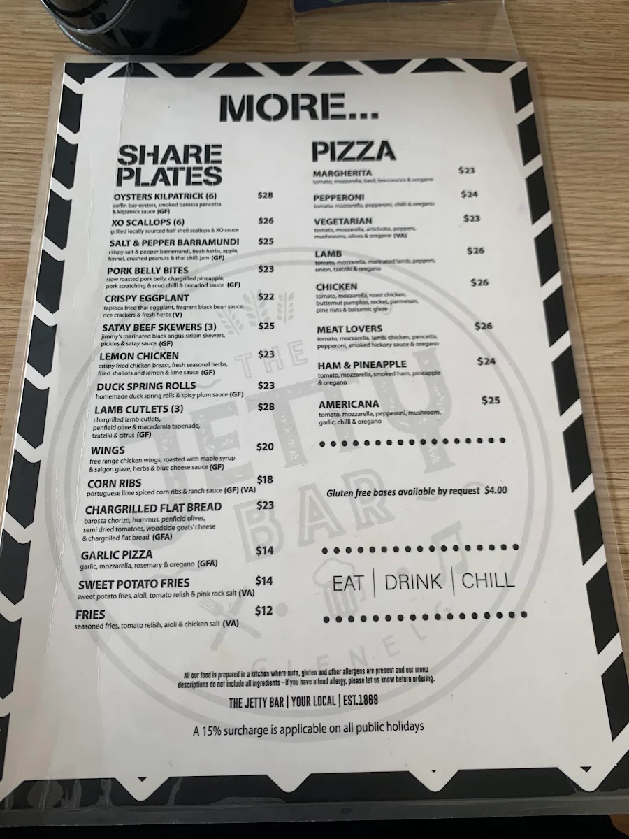Menu, The Jetty Bar