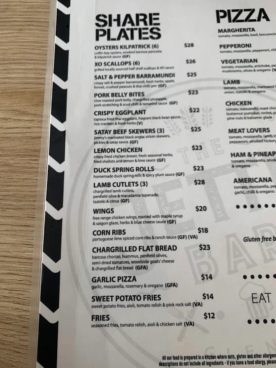 Menu, The Jetty Bar