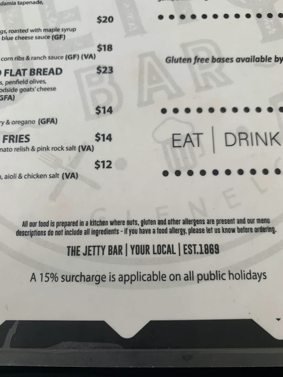 Menu, The Jetty Bar
