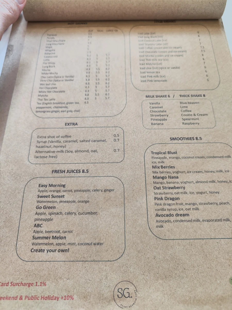 Menu, St Germain Cafe