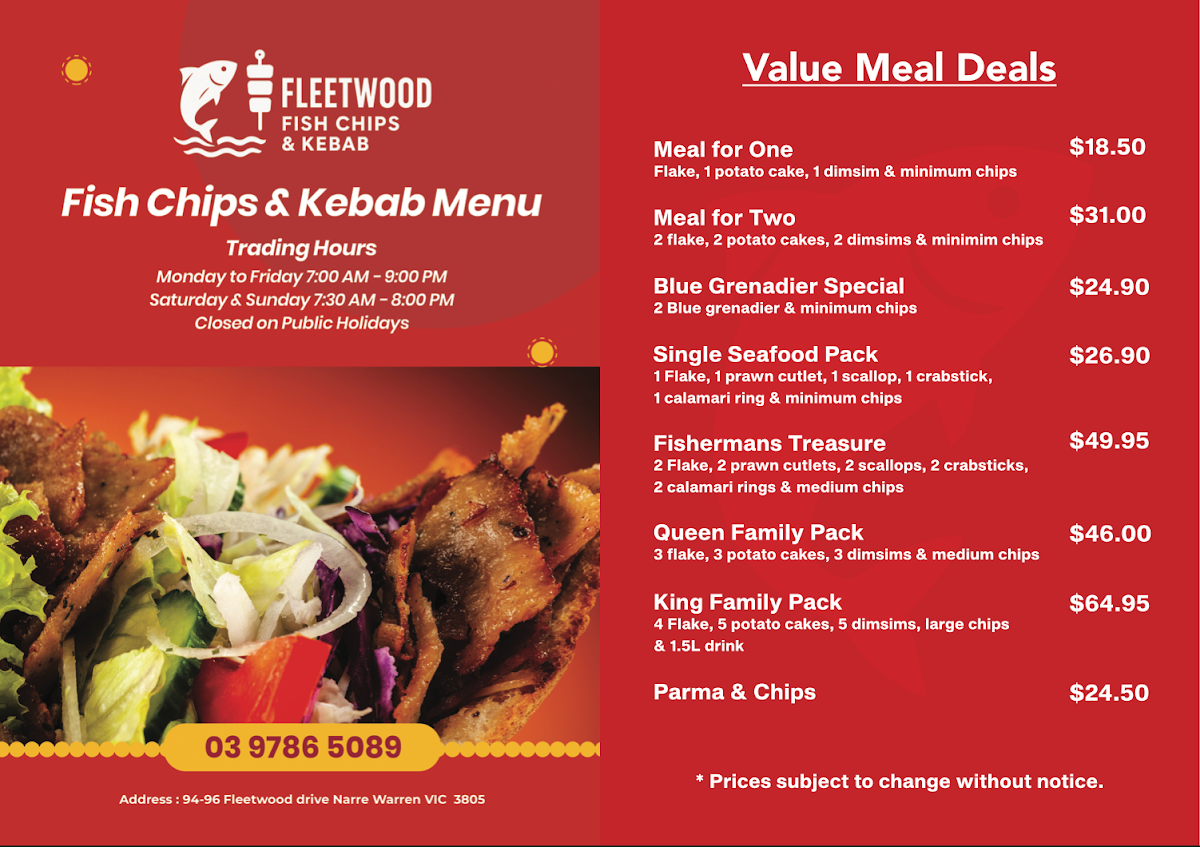 Menu, FLEETWOOD FISH CHIPS KEBABS & MILKBAR