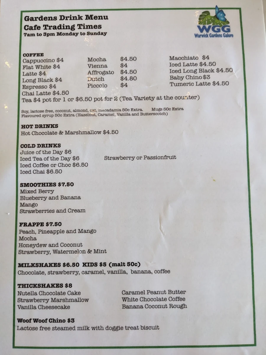 Menu, Warwicks Gardens Galore