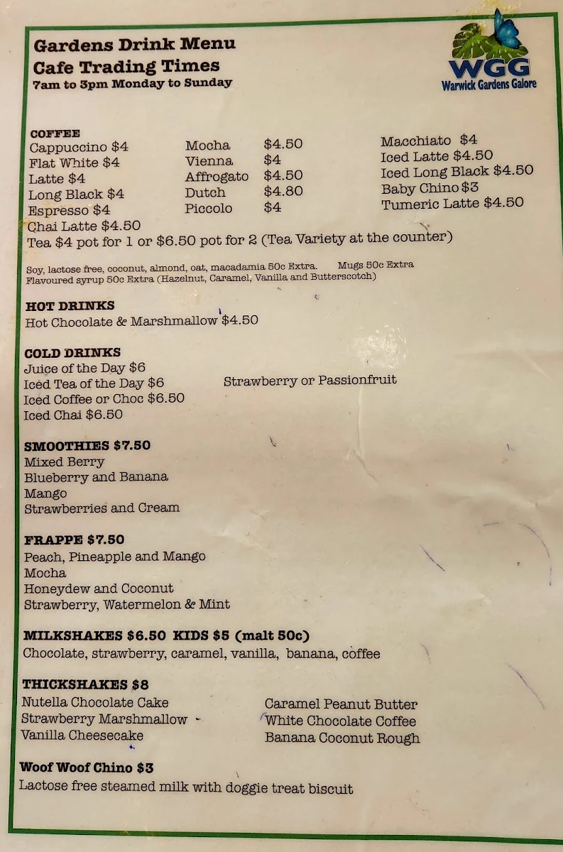 Menu, Warwicks Gardens Galore
