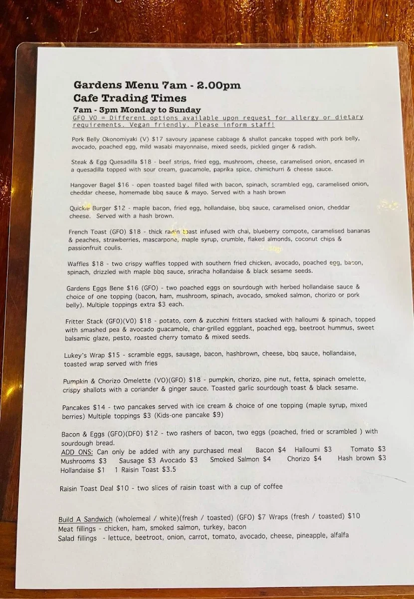 Menu, Warwicks Gardens Galore