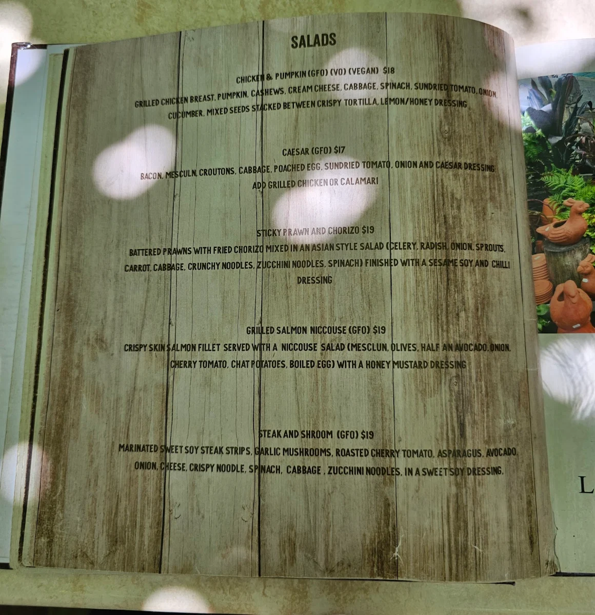 Menu, Warwicks Gardens Galore
