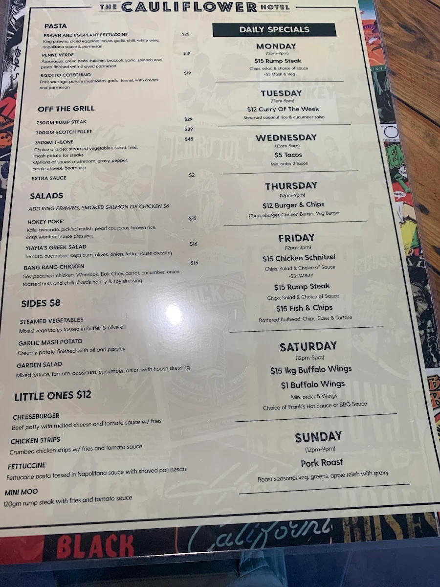 Menu, The Cauliflower Hotel