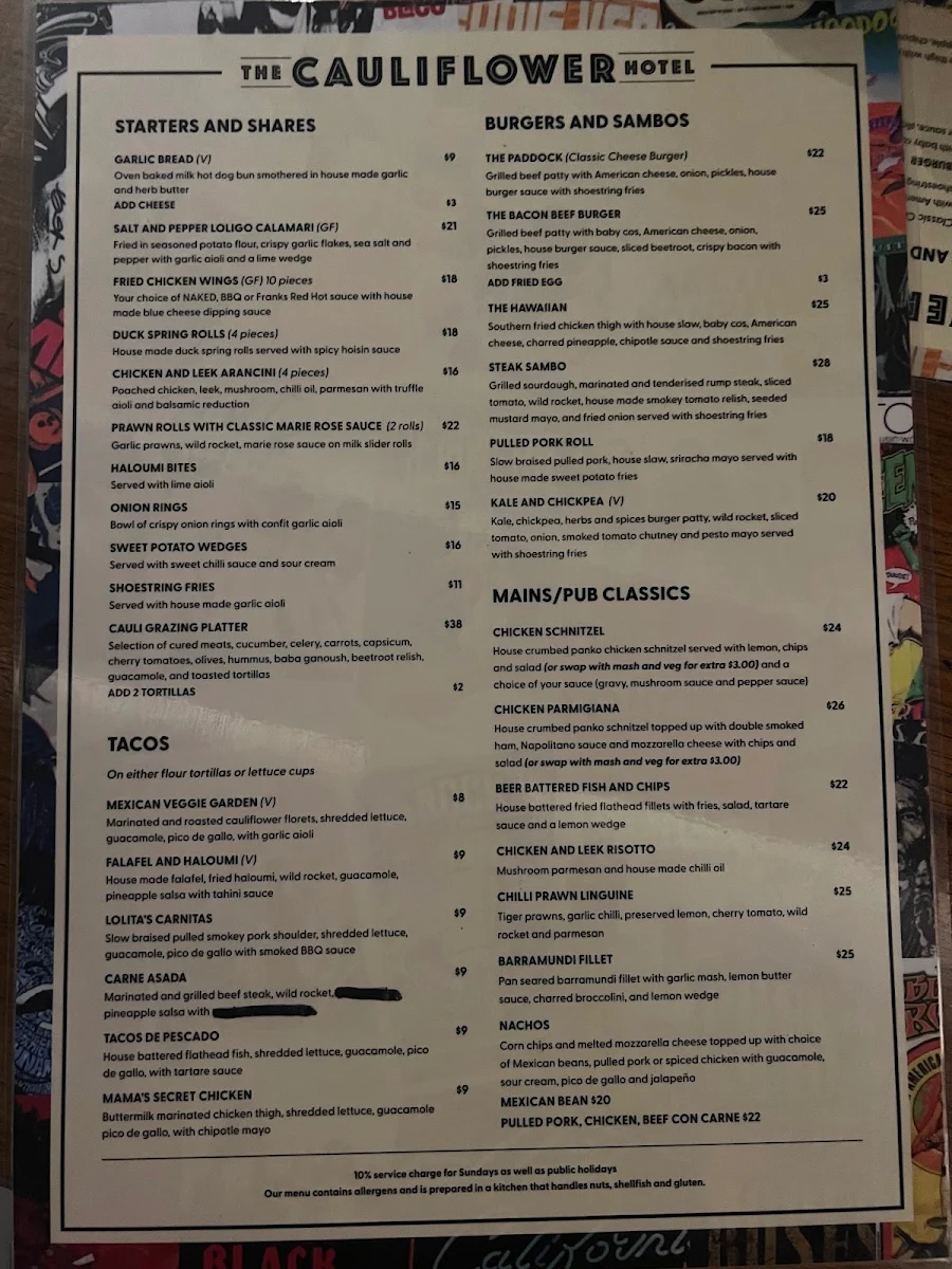 Menu, The Cauliflower Hotel