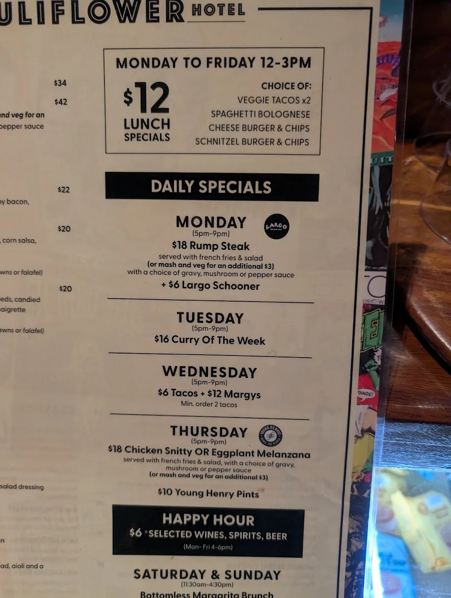 Menu, The Cauliflower Hotel