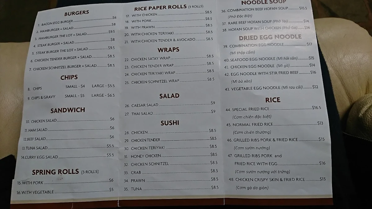 Menu, Bridgetown Vietnamese Cafe