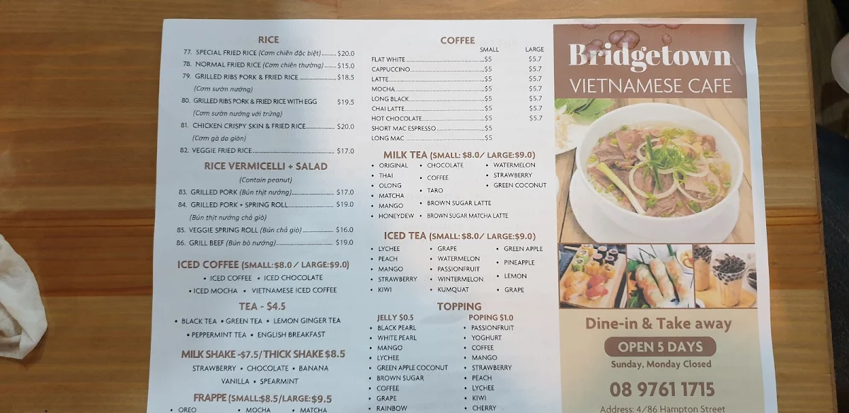 Menu, Bridgetown Vietnamese Cafe