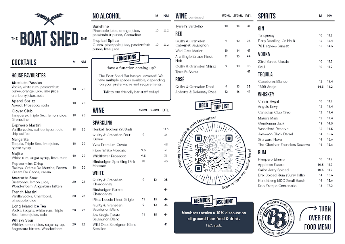 Menu, The Boat Shed Bar