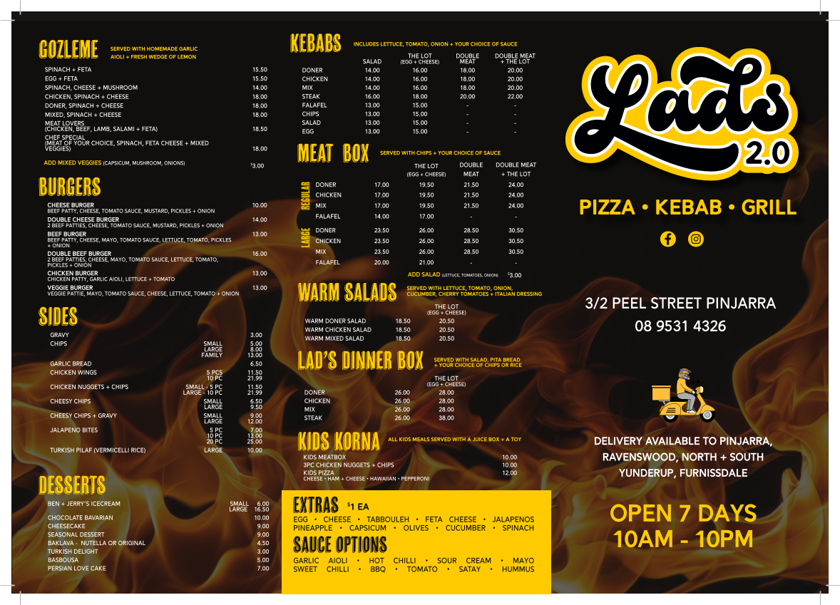 Menu, Lads 2.0 pizza kebab and grill