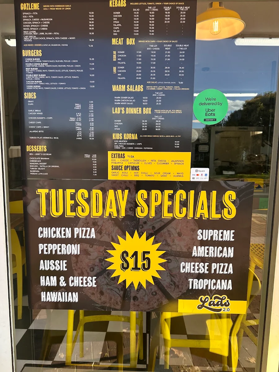 Menu, Lads 2.0 pizza kebab and grill
