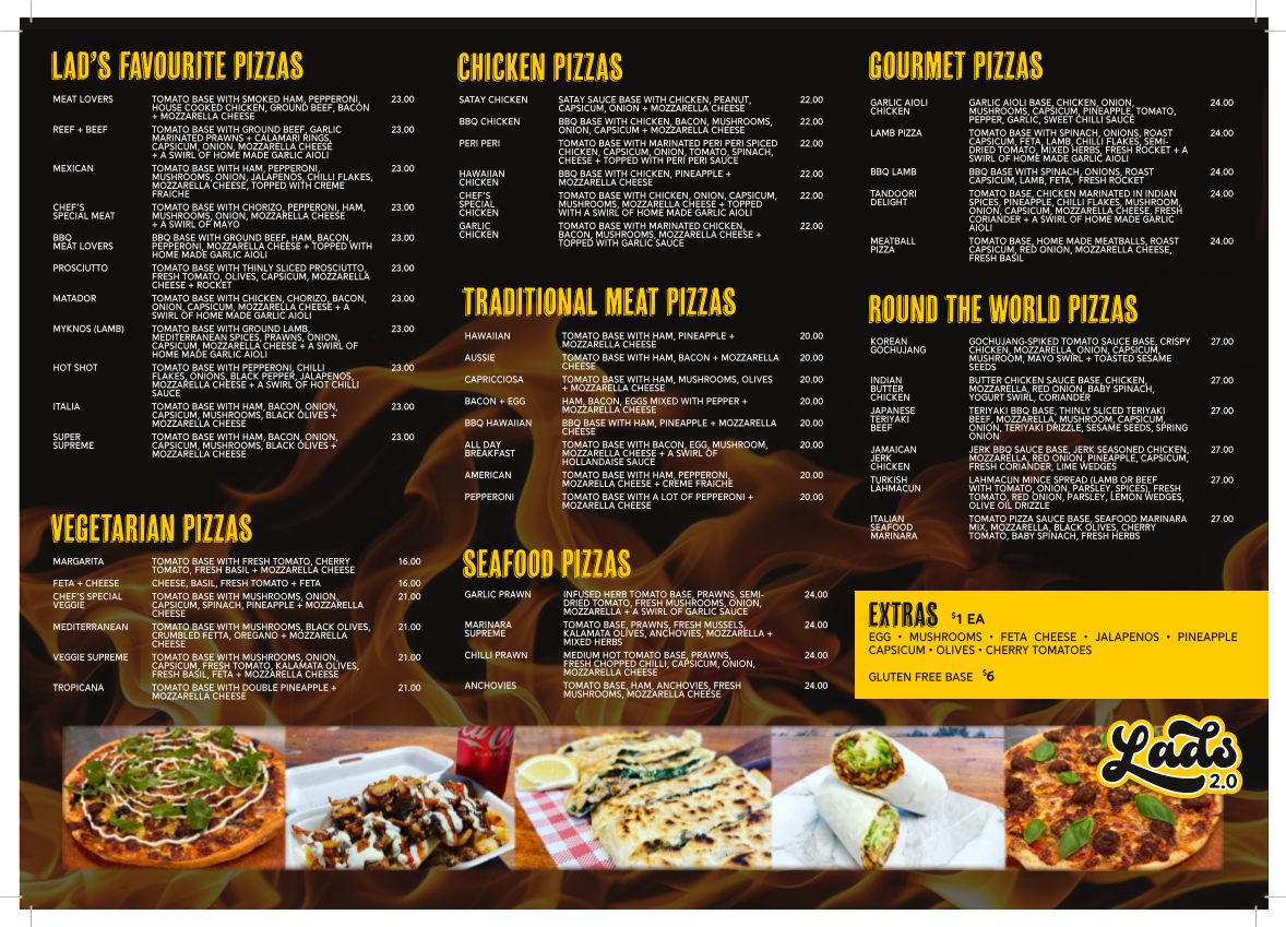 Menu, Lads 2.0 pizza kebab and grill