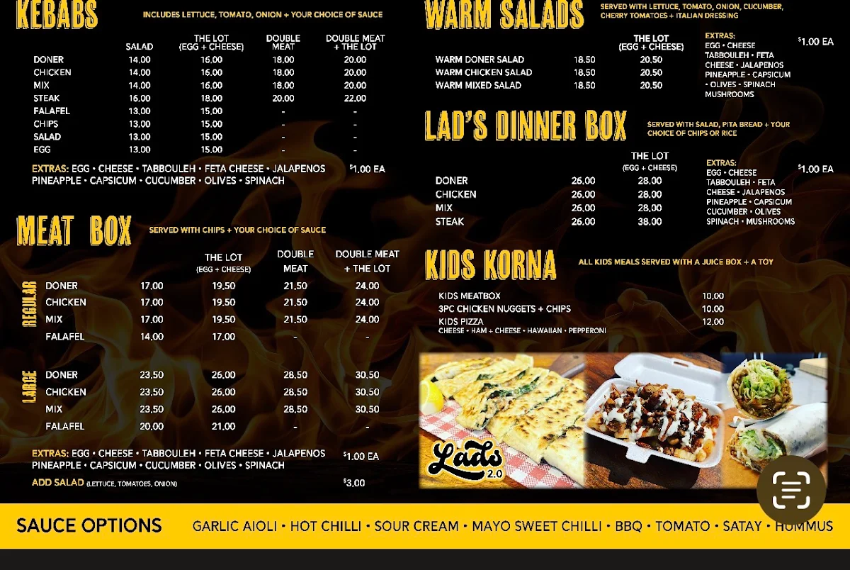 Menu, Lads 2.0 pizza kebab and grill