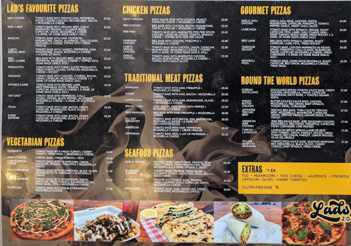 Menu, Lads 2.0 pizza kebab and grill