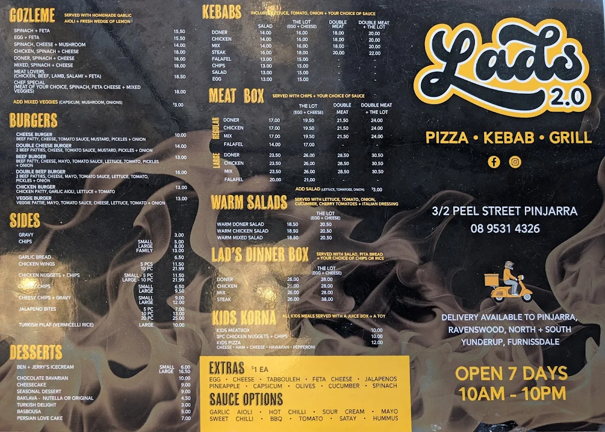 Menu, Lads 2.0 pizza kebab and grill