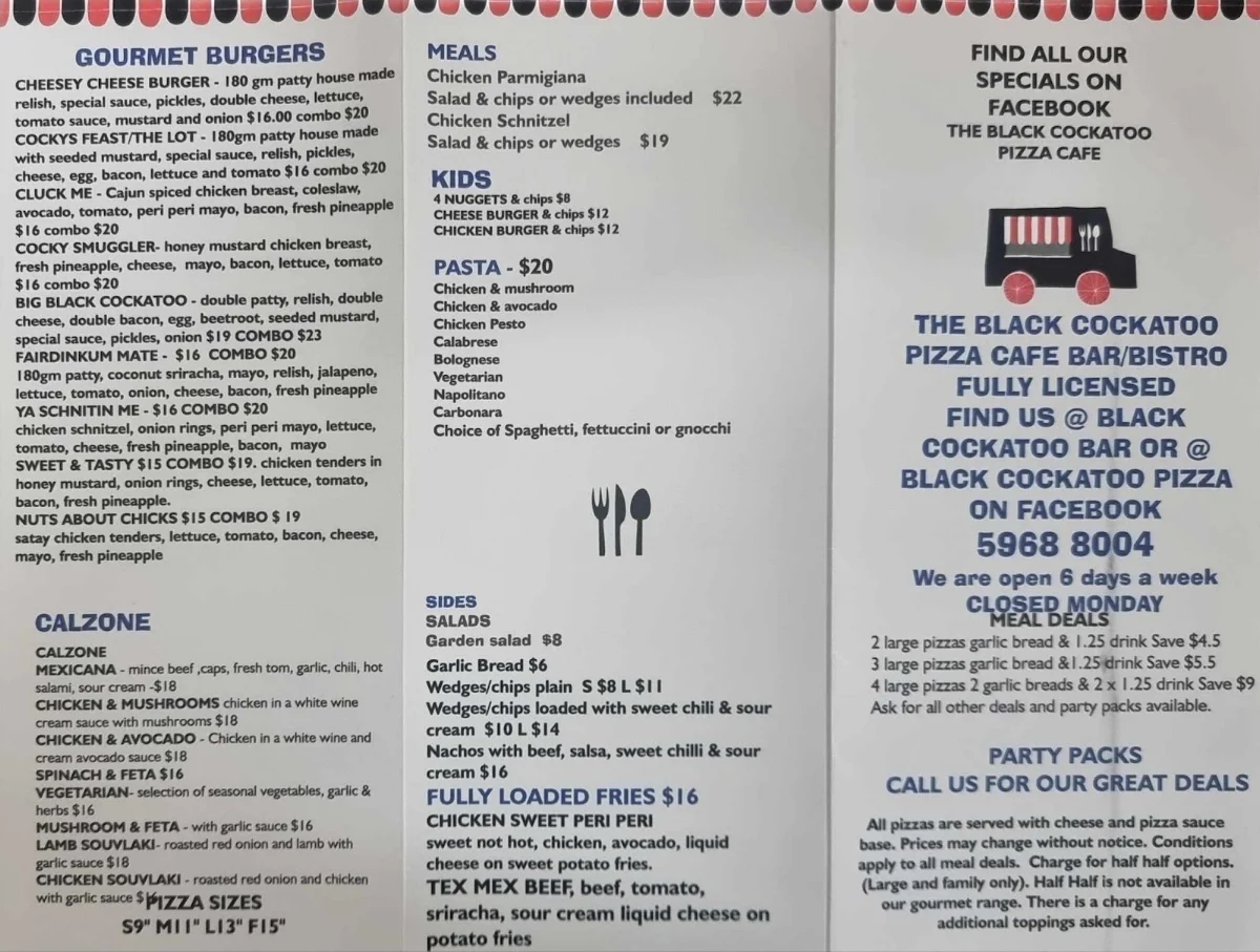 Menu, The Black Cockatoo Pizza Cafe