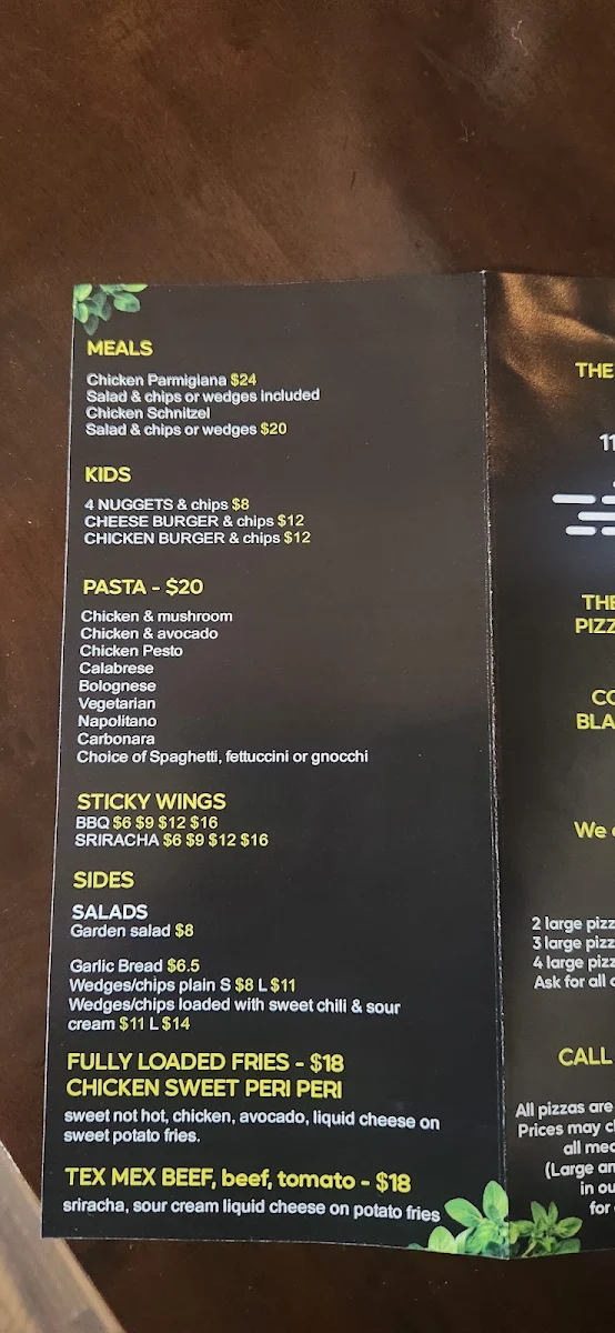 Menu, The Black Cockatoo Pizza Cafe