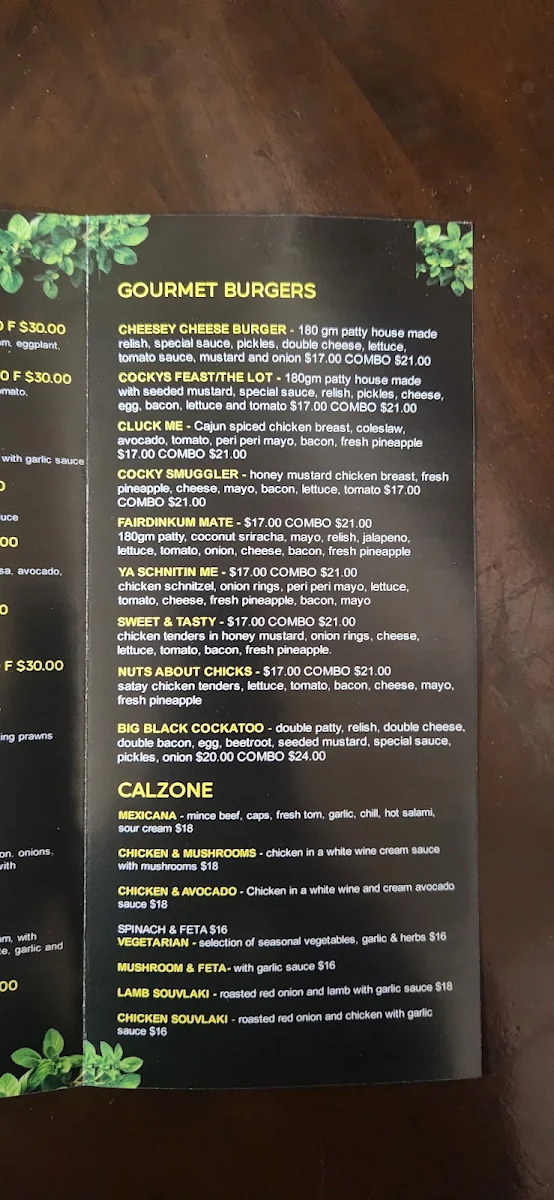 Menu, The Black Cockatoo Pizza Cafe
