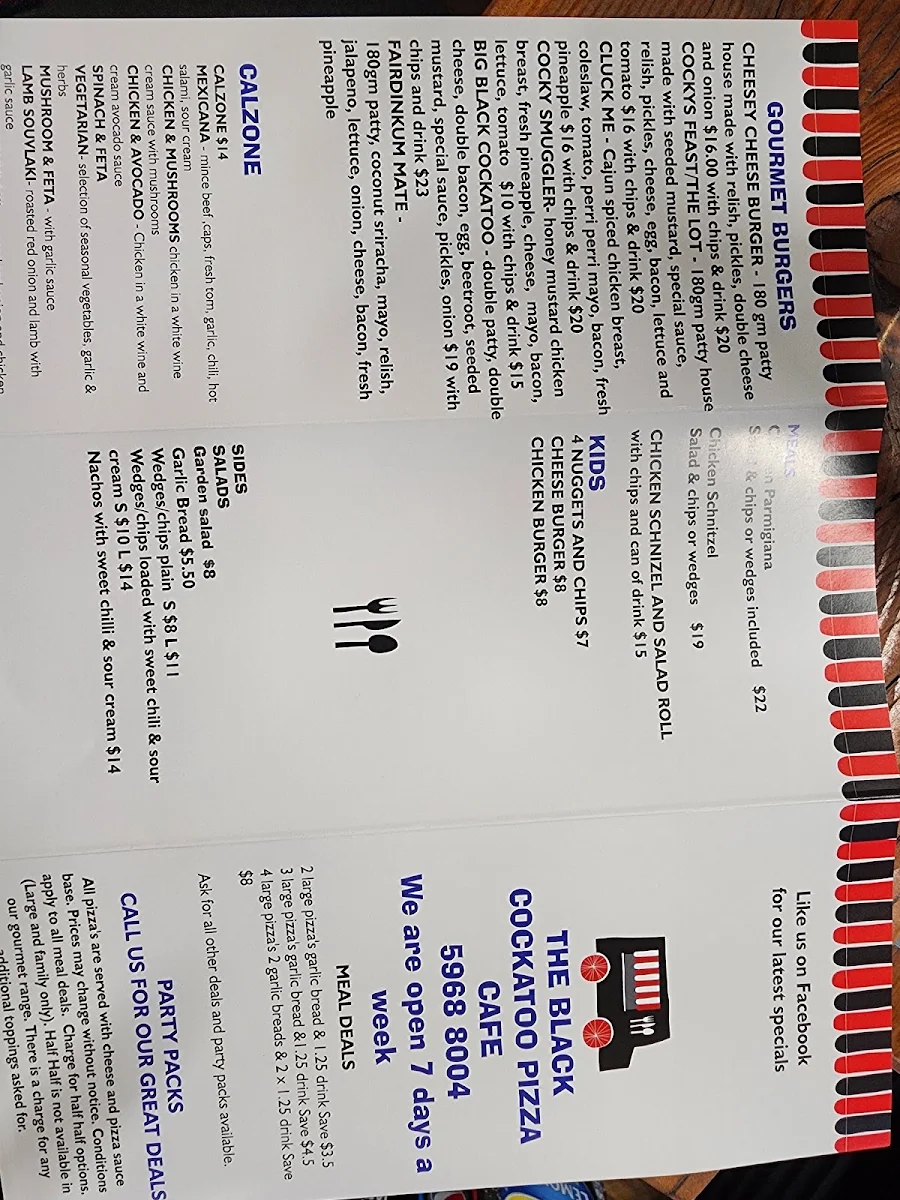 Menu, The Black Cockatoo Pizza Cafe