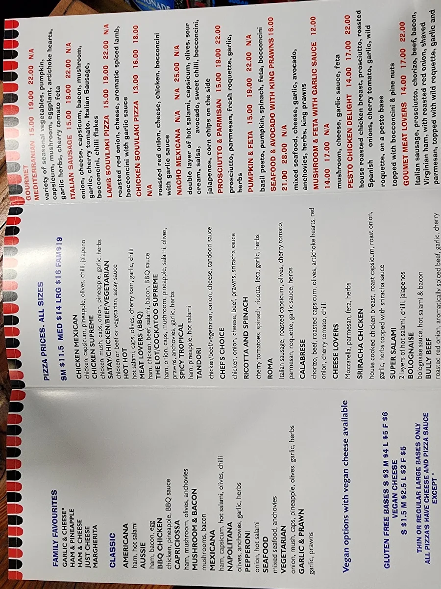 Menu, The Black Cockatoo Pizza Cafe