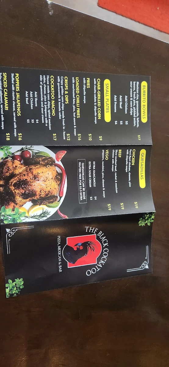Menu, The Black Cockatoo Pizza Cafe