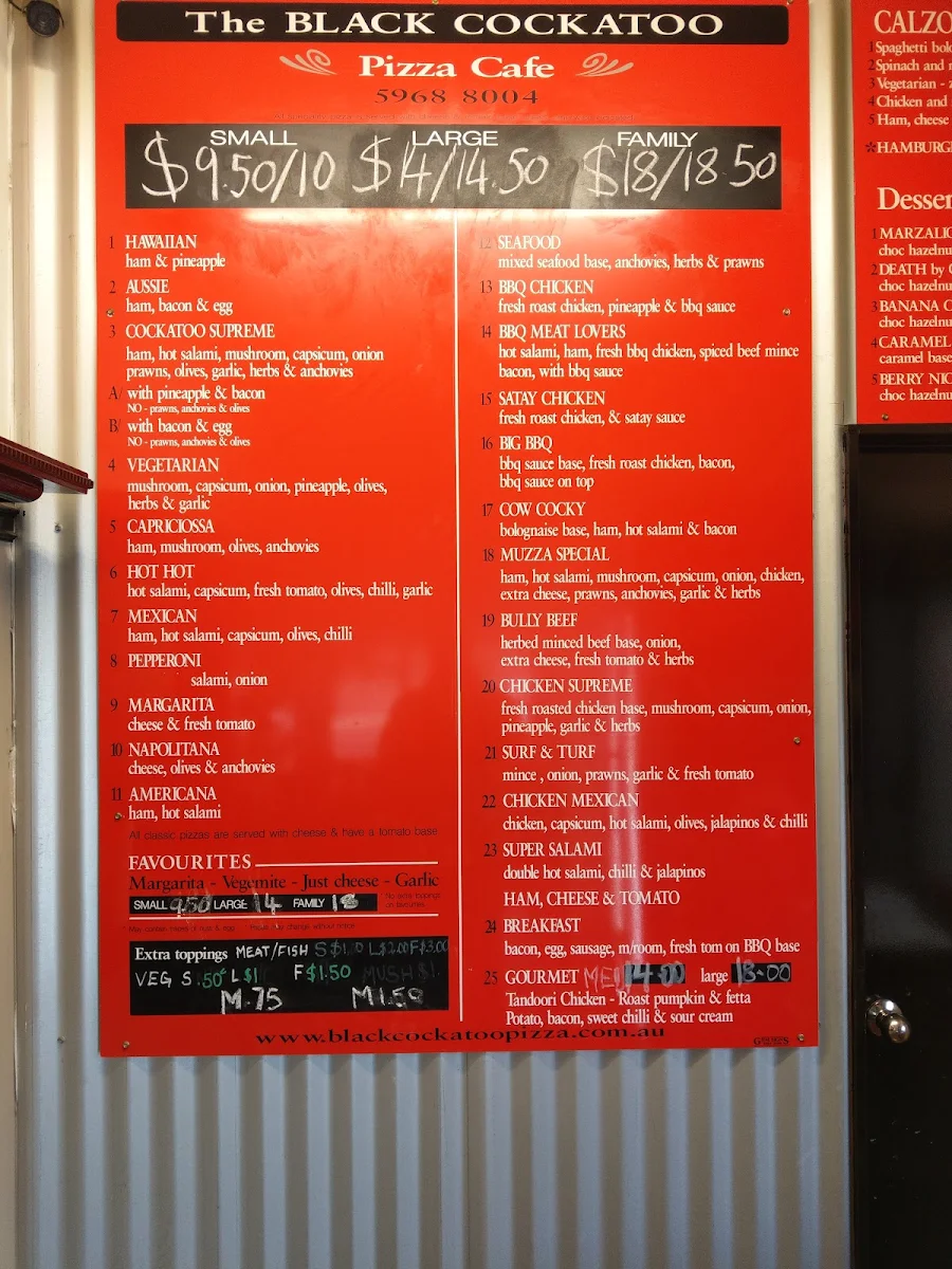 Menu, The Black Cockatoo Pizza Cafe