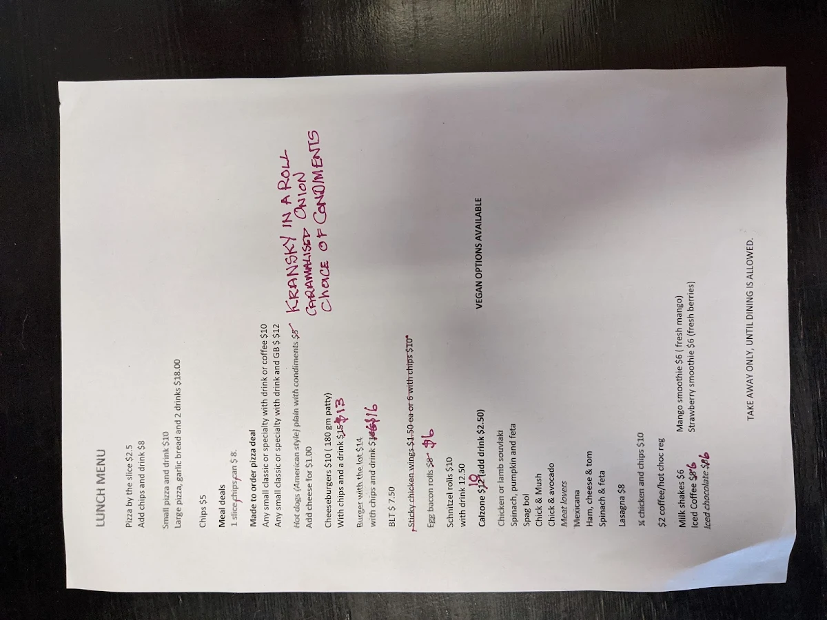 Menu, The Black Cockatoo Pizza Cafe