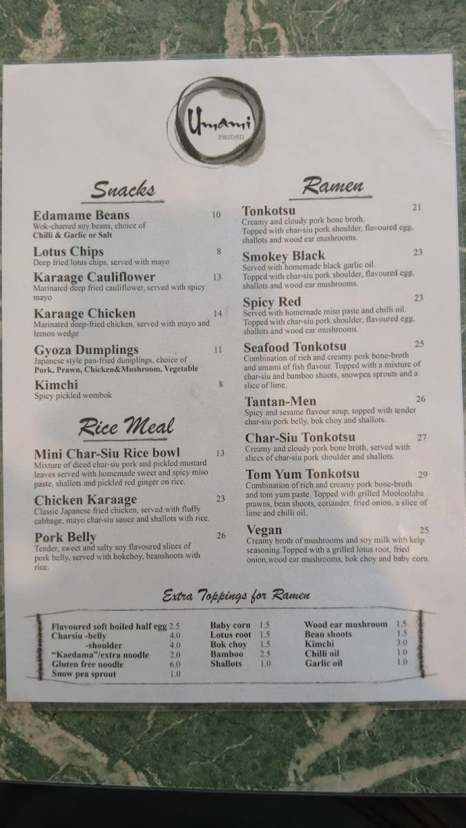 Menu, Umami Ramen