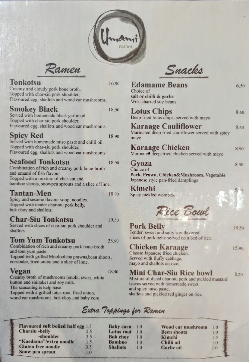 Menu, Umami Ramen