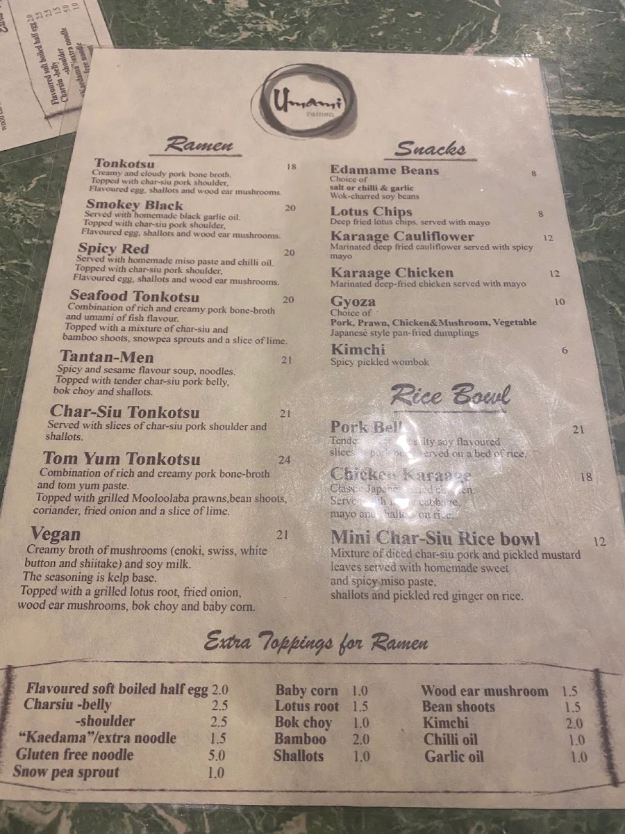 Menu, Umami Ramen