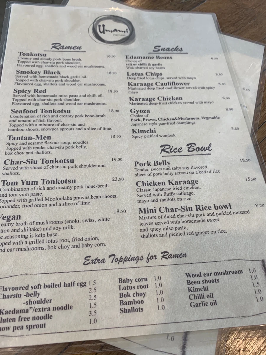 Menu, Umami Ramen