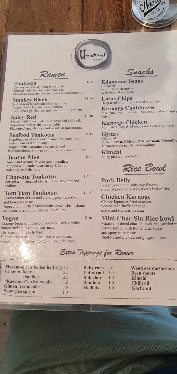 Menu, Umami Ramen