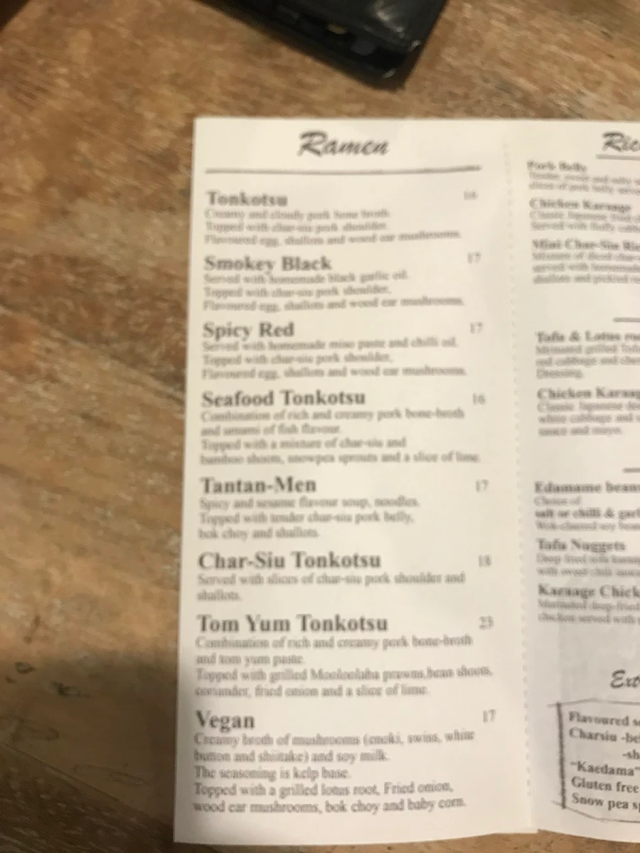 Menu, Umami Ramen