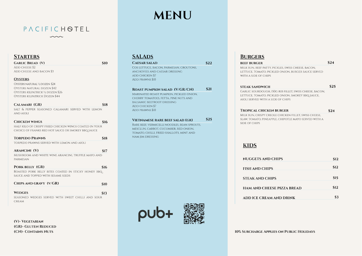 Menu, Pacific Hotel