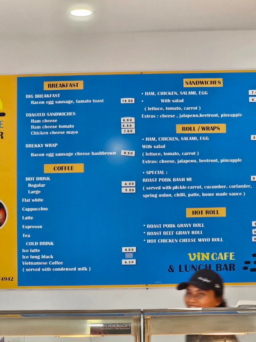 Menu, Vin Cafe & Lunch Bar