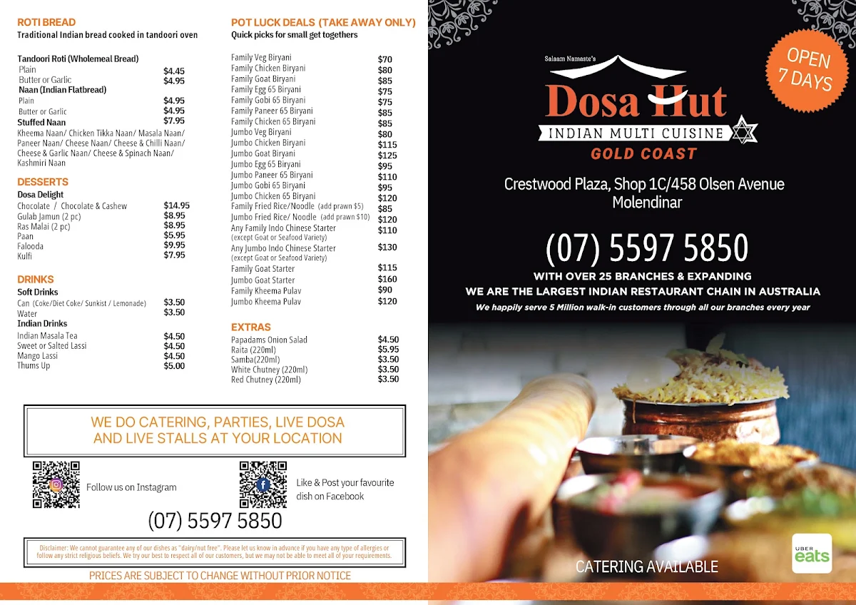 Menu, Dosa Hut - Indian Multi Cuisine Restaurant Gold Coast