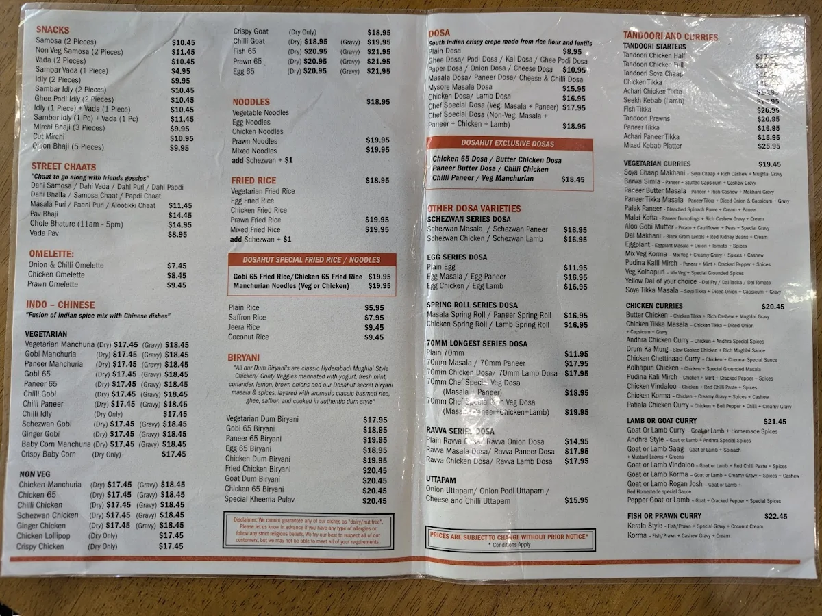 Menu, Dosa Hut - Indian Multi Cuisine Restaurant Gold Coast