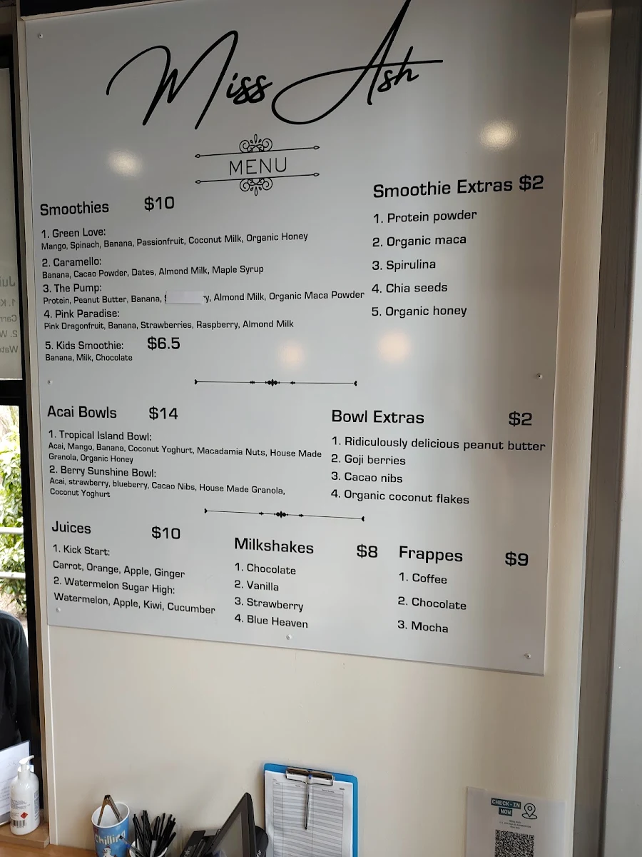 Menu, Miss Ash cafe