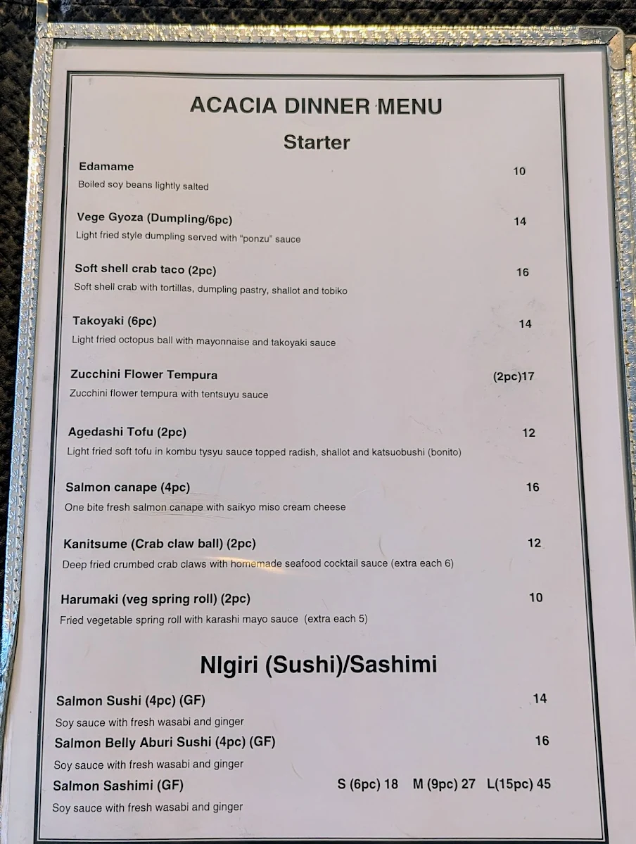 Menu, Acacia Modern Japanese Dining