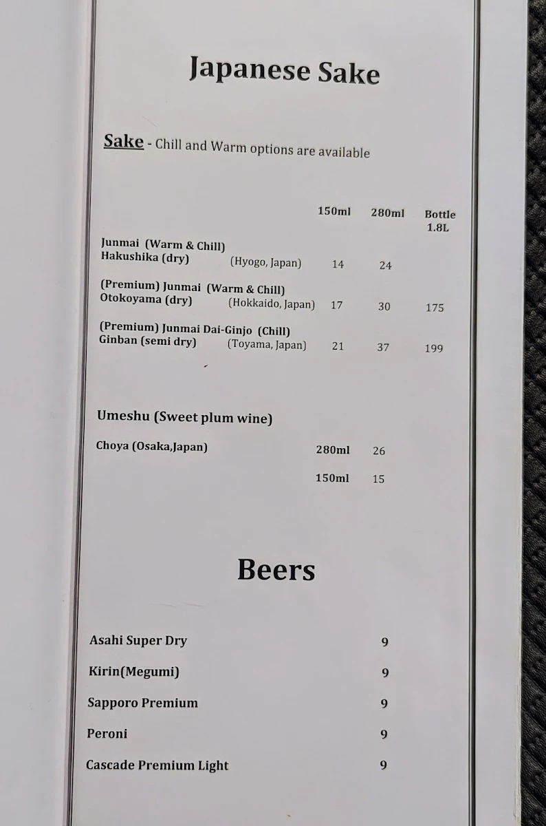 Menu, Acacia Modern Japanese Dining