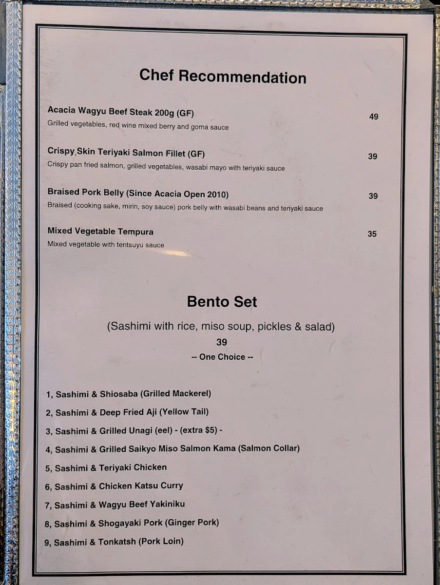 Menu, Acacia Modern Japanese Dining