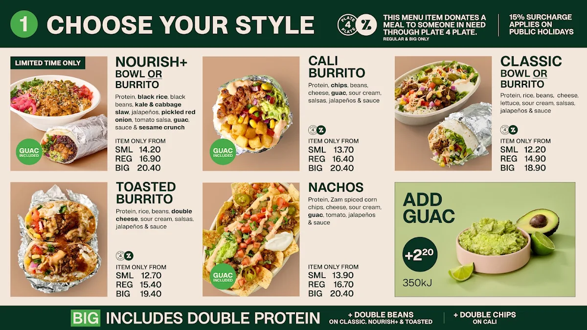 Menu, Zambrero East Perth