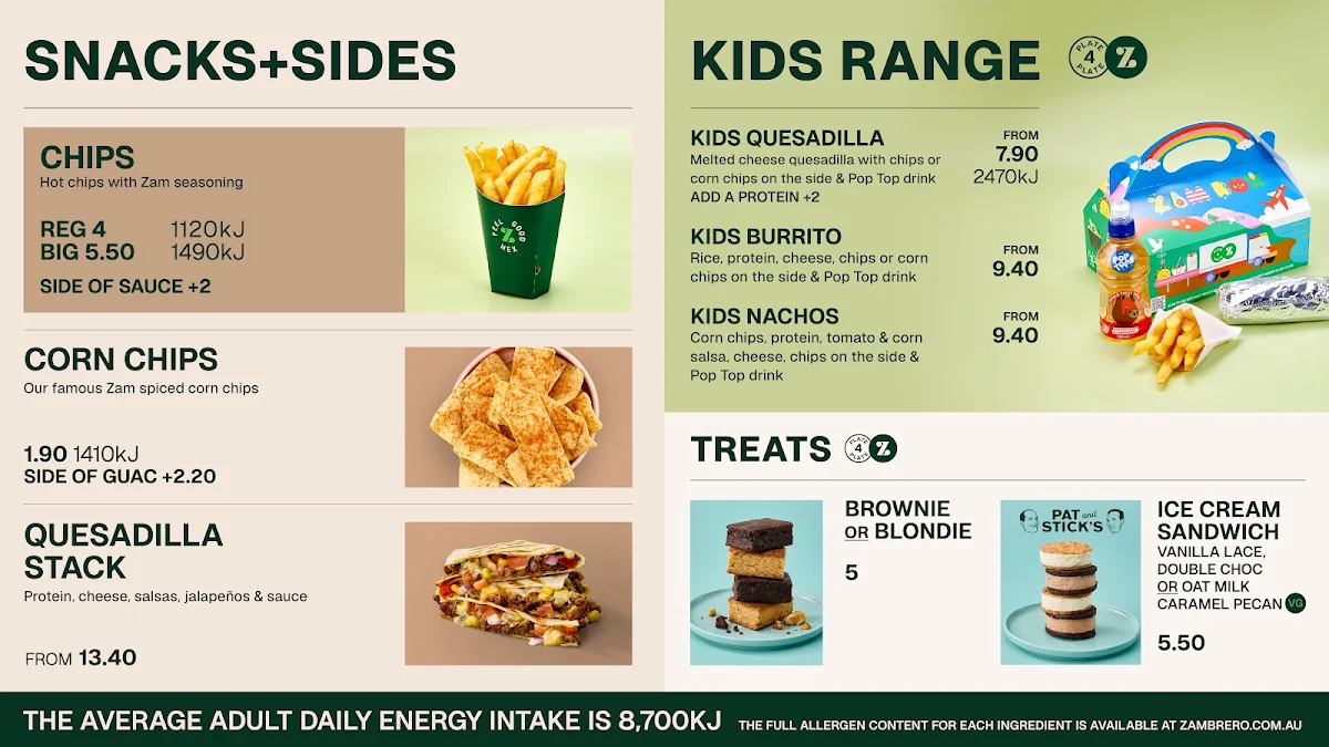 Menu, Zambrero East Perth