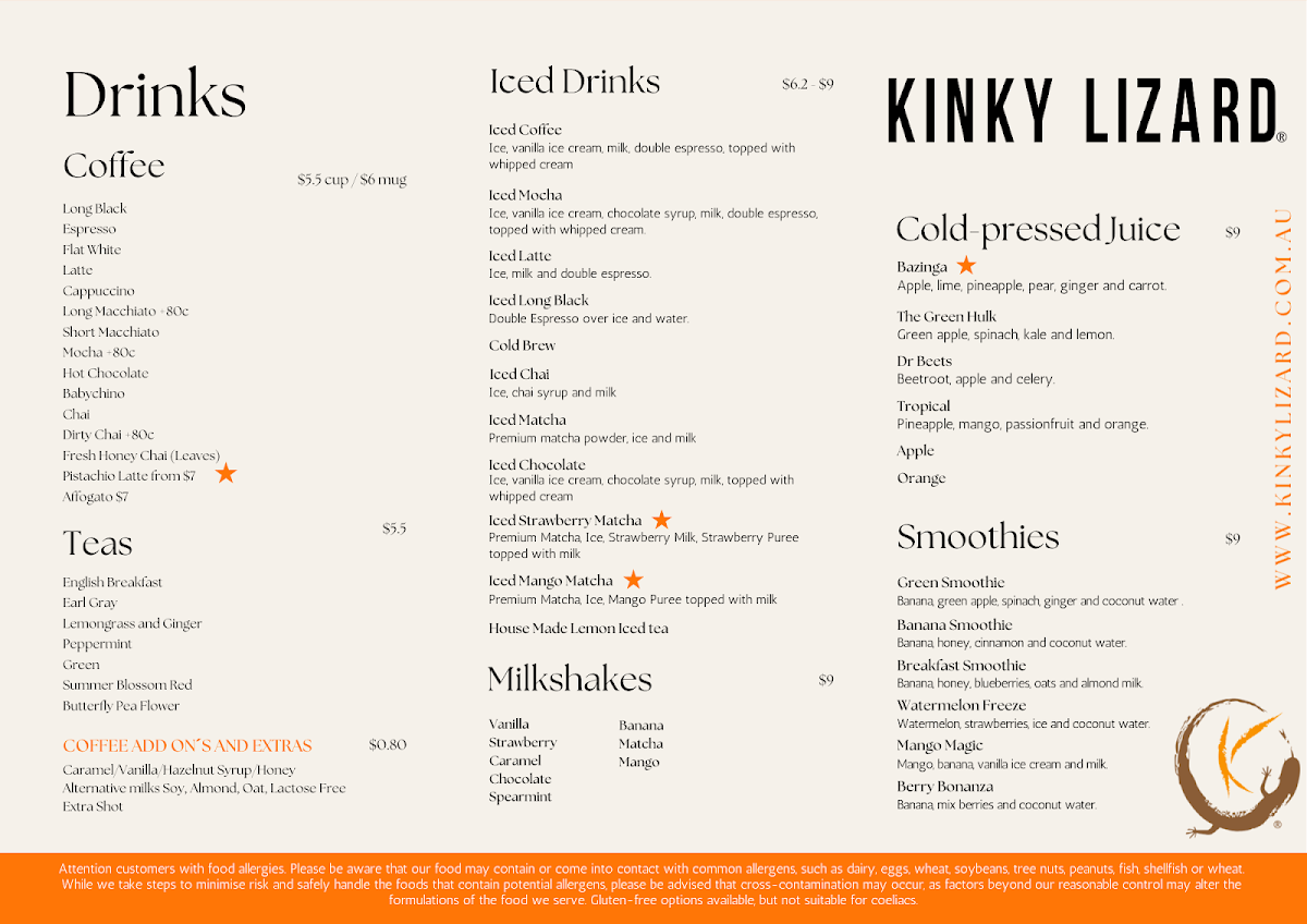 Menu, Kinky Lizard Cafe Osborne Park