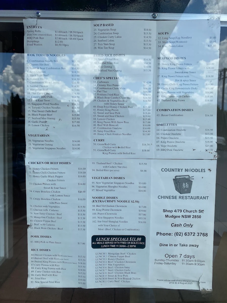 Menu, Country Noodles