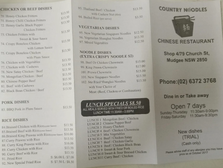 Menu, Country Noodles