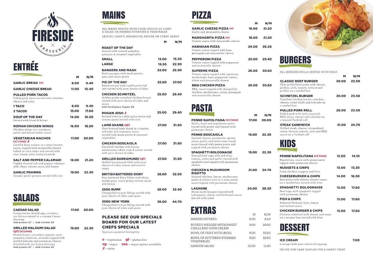 Menu, Fireside Brasserie at Kingsgrove RSL Club