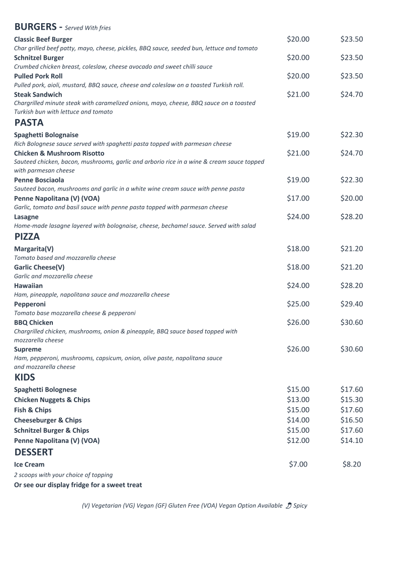 Menu, Fireside Brasserie at Kingsgrove RSL Club